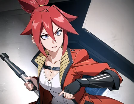 sfw_high_detail_character_art of a solo_angry_korsica_with_red_spiky_hair_style_and_blue_eyes_and_blue_hair_tie_and_(metallic_tonfa_in_hand:1.1)_is_looking_at_viewer_and_ready_to_fight, , hair between eyes, high_ponytail, battle_stance, irritation_spoken, (buttoned_crimson_angular_coat:1.1), extremely_detailed_anime_8k_wallpaper, masterpiece, best_quality, (ultra-detailed), best_illustration, finely_detail, (medium_full_shot:1.1), perfect_fingers, insane_details, hyper_details, impossible_cinematic_composition, (ultra_detailed:1.2), (anime_sci-fi_complex_on_the_background:1.1), furious_face_expression, quick_zoom, motion_blur, action_vibes, last_stand_atmosphere, boss_fight, <lora:korsicaLora_korsicaV1:0.8>