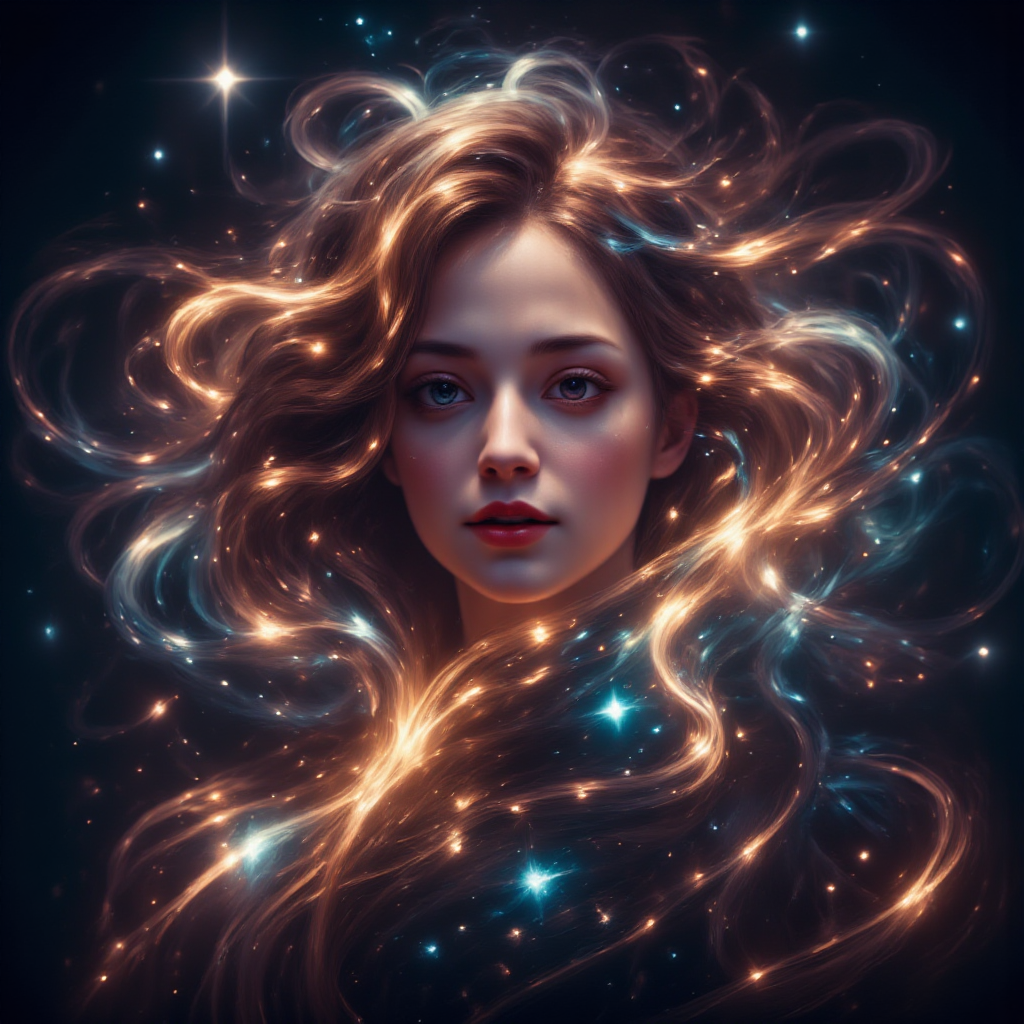 A gorgeous woman's face,her hair transforms into a glowing magical delight,she's smiling proudly,seemingly made of stars,gothic,ruby red lips,seductive,witch,dramatic,raw photo,cosmos,
<lora:ImageUpgraderV2:0.6>,<lora:aidmaGLOWV4wc:0.6>,<lora:aidmaBokeh:0.3>,<lora:Aura_Flux:0.4>,<lora:Dreamwave_FLUX:0.4>,<lora:FluxDFaeTasticDetails:0.4>,<lora:Flux_-_Renaissance_art_style:0.5>,<lora:DonMM4g1cFX:0.3>,<lora:abstract_render_flux:0.2>,<lora:FL-bailing-24-0824lightning:0.5>,<lora:Detailer2K:0.4>,<lora:Dever_Flux_Enhancer:0.4>,<lora:Flux_spirals_of_light:0.6>,<lora:dreamlands_flux:0.6>,