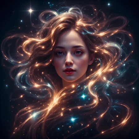 A gorgeous woman's face,her hair transforms into a glowing magical delight,she's smiling proudly,seemingly made of stars,gothic,ruby red lips,seductive,witch,dramatic,raw photo,cosmos,
<lora:ImageUpgraderV2:0.6>,<lora:aidmaGLOWV4wc:0.6>,<lora:aidmaBokeh:0.3>,<lora:Aura_Flux:0.4>,<lora:Dreamwave_FLUX:0.4>,<lora:FluxDFaeTasticDetails:0.4>,<lora:Flux_-_Renaissance_art_style:0.5>,<lora:DonMM4g1cFX:0.3>,<lora:abstract_render_flux:0.2>,<lora:FL-bailing-24-0824lightning:0.5>,<lora:Detailer2K:0.4>,<lora:Dever_Flux_Enhancer:0.4>,<lora:Flux_spirals_of_light:0.6>,<lora:dreamlands_flux:0.6>,