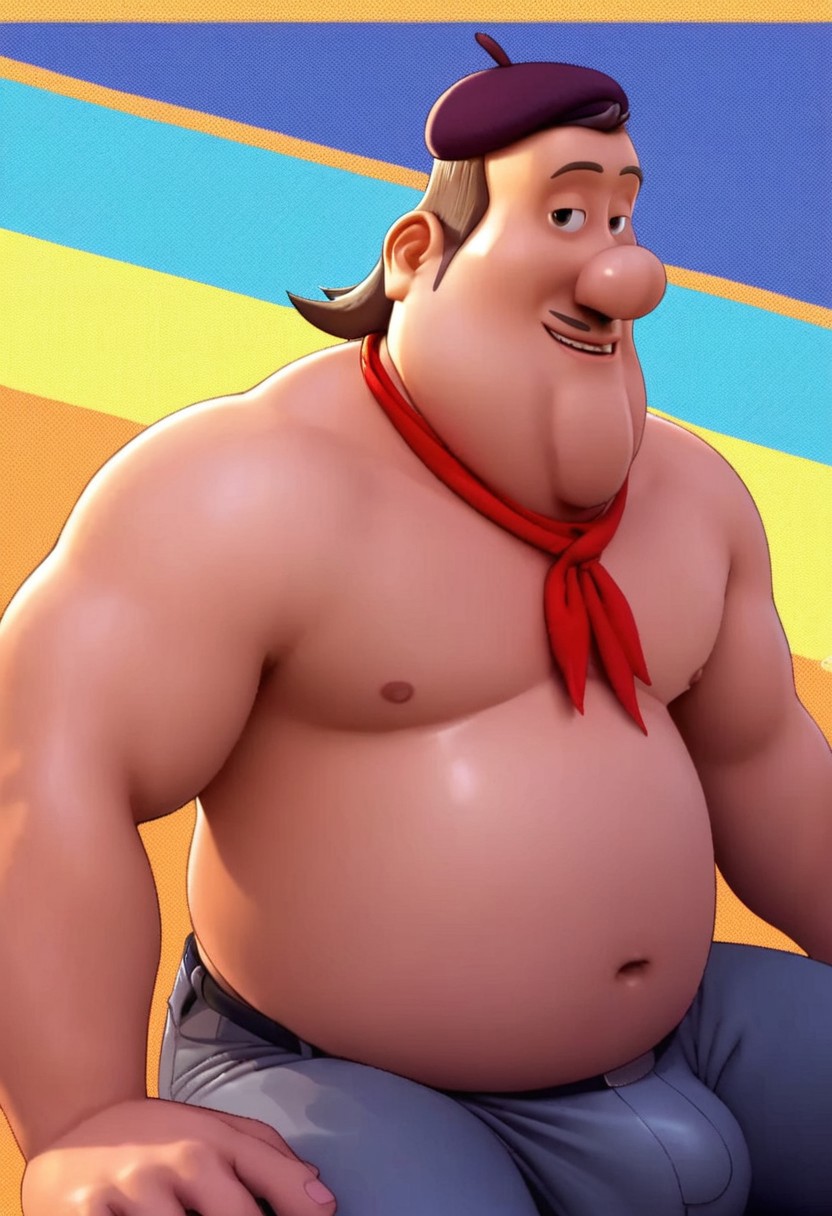 score_9, score_8_up, score_7_up, score_6_up, source_anime, masterpiece, high quality, 8k, impossible_clothes, BREAK, ((André, short hair,  brown hair,  black eyes, small thin mustache,  brown mustache, a big round belly, broad shoulders, a chubby neck, topless, dark-gray pants, dark-blue beret, headwear, a red scarf around his neck, gigantic penis bulge, ultra skin tight)), oiled skin,  smile, ice-cream cone on hand, sitting,  looking at view, BREAK, simple background, colorful background,