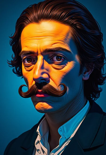 a beautifully crafted portrait illustration of salvador dali while salvador dali moustache is in blue light style, featuring intricate details, rich colors, and dynamic lighting that enhances depth and mood