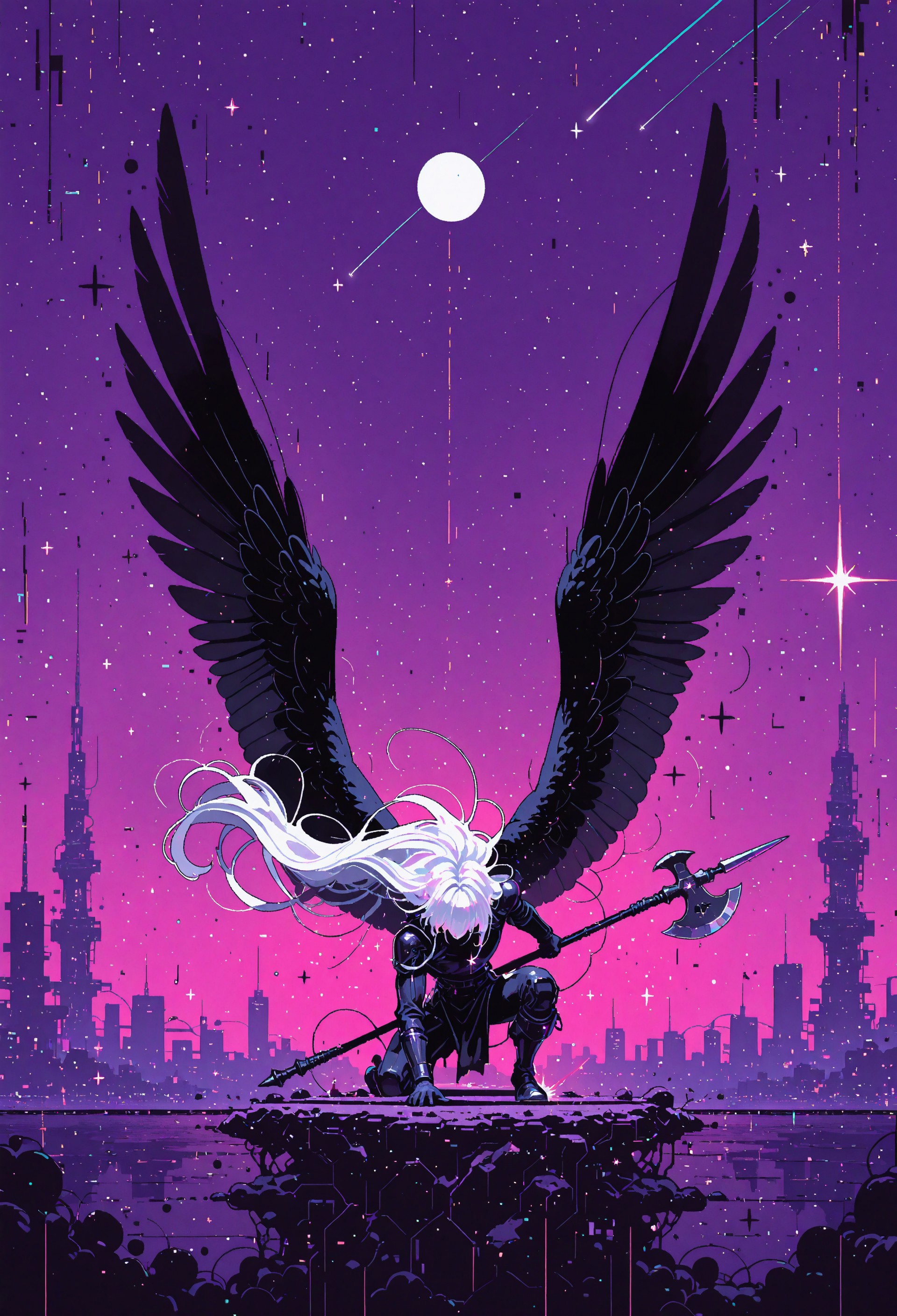 masterpiece, best quality, good quality, newest, highres, absurdres,focused subject,8k,HDR, 1other, solo, very long white hair, kneeling, superhero landing, one knee up, holding weapon, halberd, monochrome,black wings, moon, shooting star, stars \(sky\), indigo background, feathered wings, silhouette, spotlight, straight on,cityscape, tower in background, city lights, (glitch art, dithering,chromatic aberration,pixel art, film grain),dynamic angle,perspective, scenery,fine art,in the style of cknc,wat,flatline,