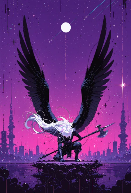 masterpiece, best quality, good quality, newest, highres, absurdres,focused subject,8k,HDR, 1other, solo, very long white hair, kneeling, superhero landing, one knee up, holding weapon, halberd, monochrome,black wings, moon, shooting star, stars \(sky\), indigo background, feathered wings, silhouette, spotlight, straight on,cityscape, tower in background, city lights, (glitch art, dithering,chromatic aberration,pixel art, film grain),dynamic angle,perspective, scenery,fine art,in the style of cknc,wat,flatline,