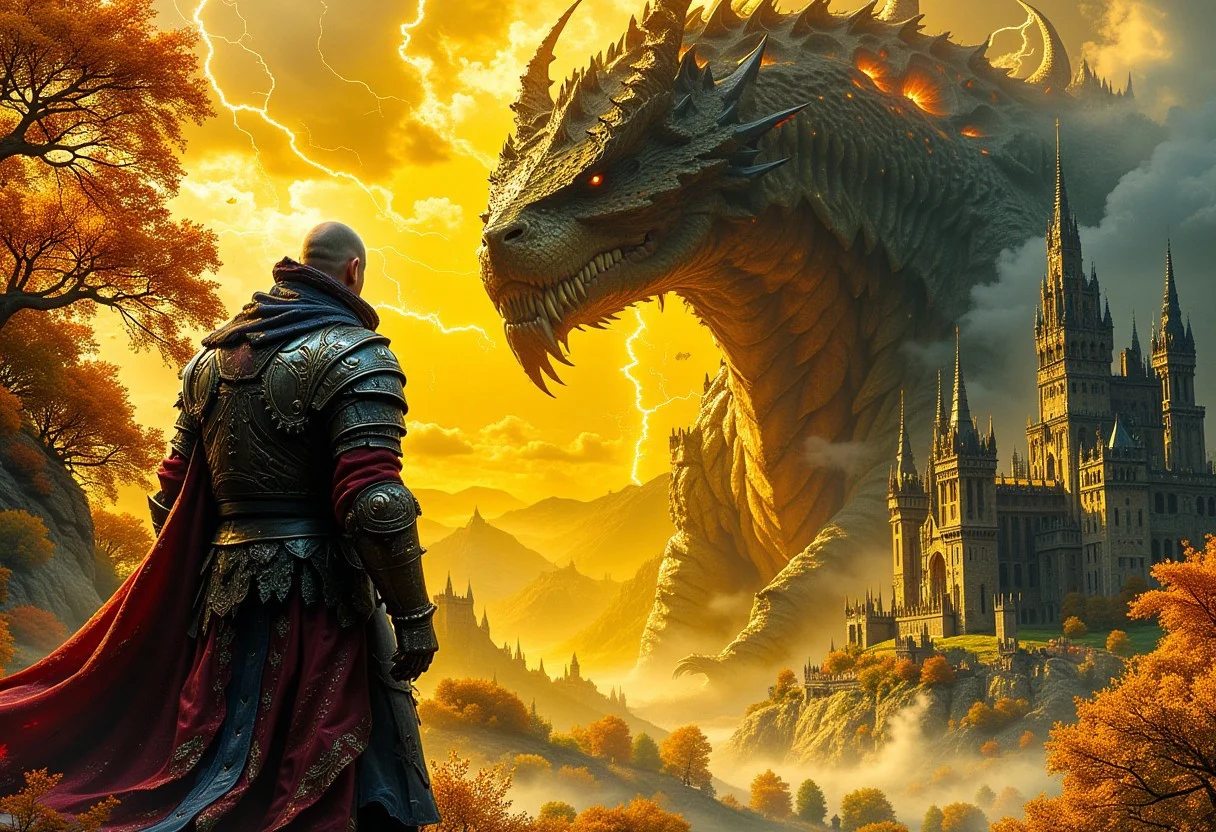 an epic painting in the style of Anato Finnstark, in the style of Jed-clrfl, a man wearinglight armor stands infront of a gigantic dragon, the yellow lightnings strike in various places, golden trees, a large castle with gothic towers far in the background