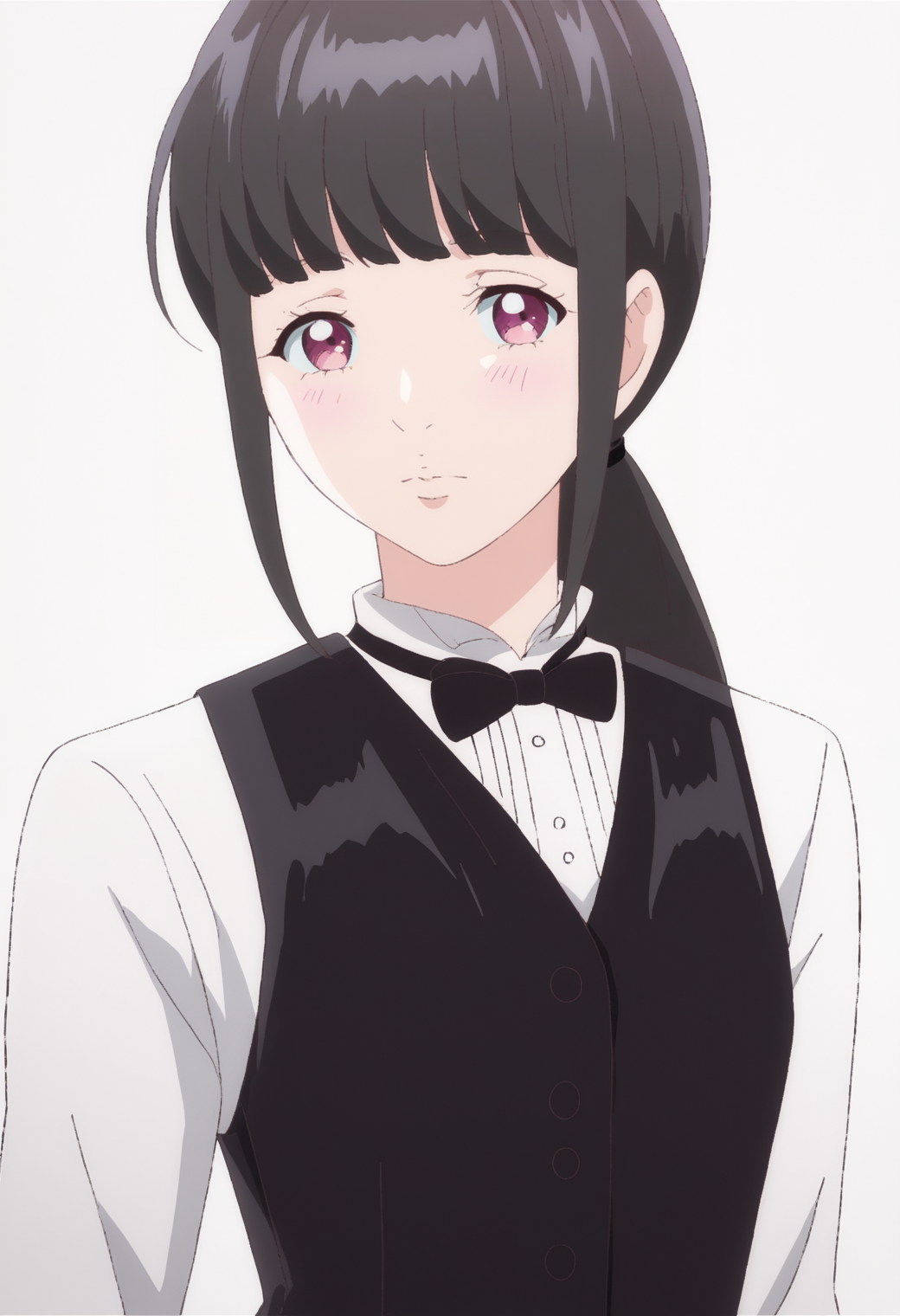 score_9, score_8_up, score_7_up, source_anime, BREAK  white background,dynamic pose, looking at viewer,  1girl  <lora:DX888Aoi-10:1>,kamimachi aoi, black hair,low ponytail, bowtie, shirt, vest, black pants, blunt bangs