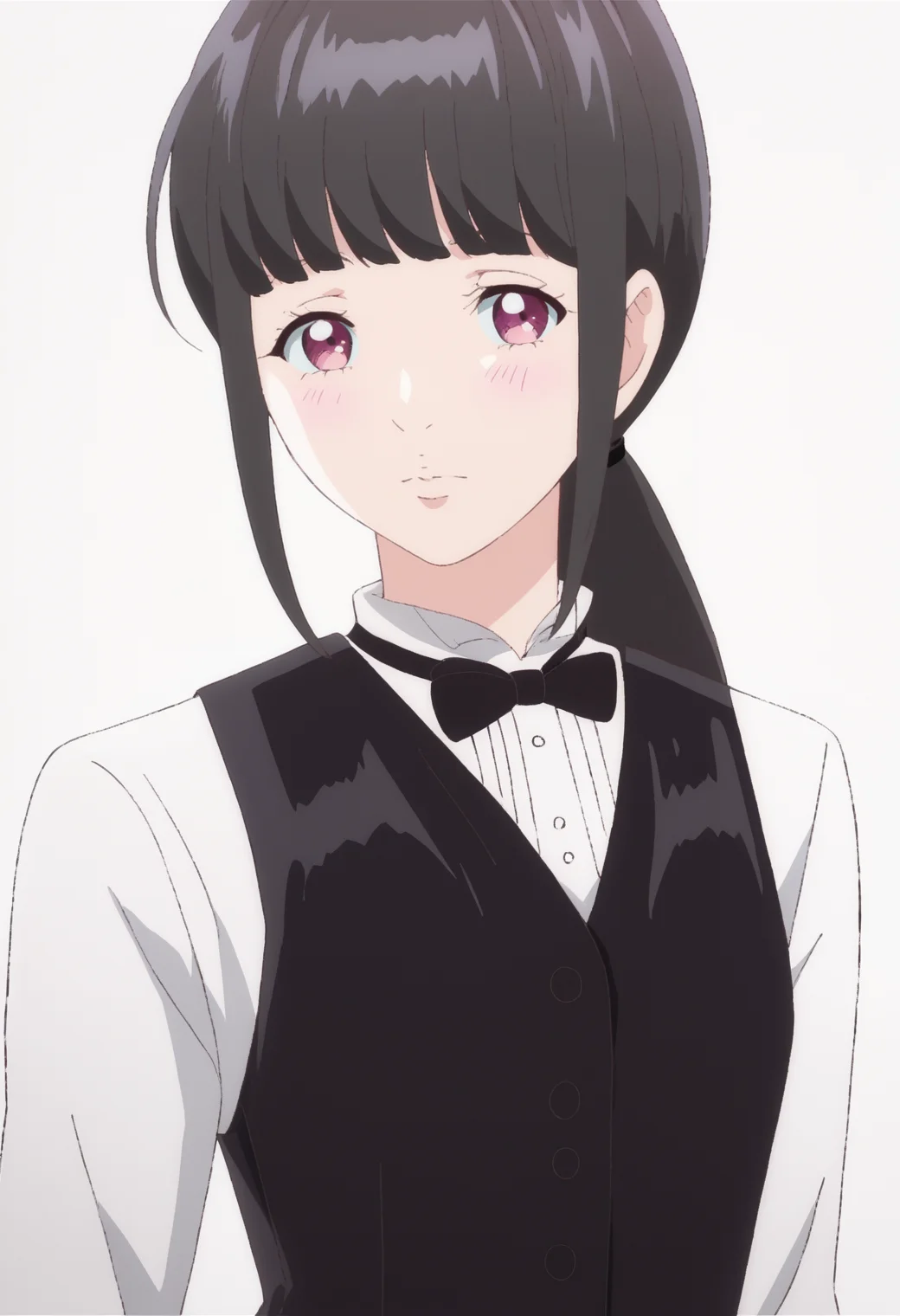 score_9, score_8_up, score_7_up, source_anime, BREAK white background,dynamic pose, looking at viewer, 1girl <lora:DX888Aoi-10:1>,kamimachi aoi, black hair,low ponytail, bowtie, shirt, vest, black pants, blunt bangs