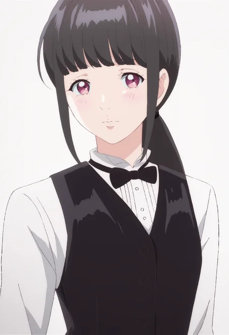 score_9, score_8_up, score_7_up, source_anime, BREAK white background,dynamic pose, looking at viewer, 1girl <lora:DX888Aoi-10:1>,kamimachi aoi, black hair,low ponytail, bowtie, shirt, vest, black pants, blunt bangs