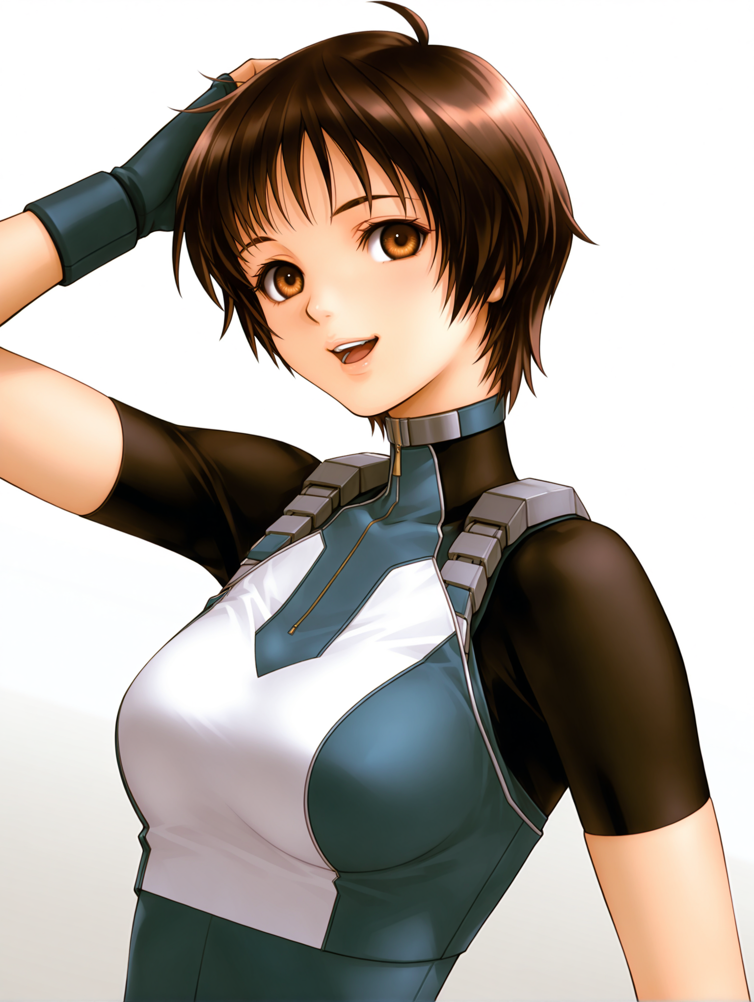 masterpiece,best quality,newest,
1girl,solo,
<lora:Aizawa_Momo_ilxl_v1.0:1>,momo_a,ahoge,brown hair,short hair,brown eyes,
m_suit,turtleneck,skin tight,bodysuit,crop top,short sleeves,fingerless gloves,leotard,
<lora:Fixhands_anime_bdsqlsz_V1:1>,looking_at_viewer,cinematic_angle,looking_at_viewer,white_background,simple_background,upper_body,face_focus,laughing,scratching head,gasping,