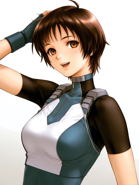 masterpiece,best quality,newest,
1girl,solo,
<lora:Aizawa_Momo_ilxl_v1.0:1>,momo_a,ahoge,brown hair,short hair,brown eyes,
m_suit,turtleneck,skin tight,bodysuit,crop top,short sleeves,fingerless gloves,leotard,
<lora:Fixhands_anime_bdsqlsz_V1:1>,looking_at_viewer,cinematic_angle,looking_at_viewer,white_background,simple_background,upper_body,face_focus,laughing,scratching head,gasping,