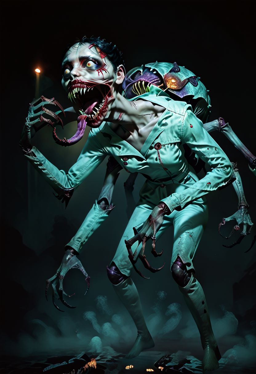 (score_9,score_8_up,score_7_up,), a scary porcelain doll woman, kuchisakexl, slender body, black eyes, ominous, sinister, sharp_teeth, screaming, long_tongue, arthropod limbs, exposed bone, tentacles, entrails, deformed, monster, bleeding, nausea, mucus, gore, (in a misty park:1.1), glowing yellow eyes in background, flash photography in the dark, cursed photo, disney style, 43stl1ght1ng, low light, dramatic lighting, darkness, full body portrait, detailed background, face focus, concept art, realistic, dark theme, low light,