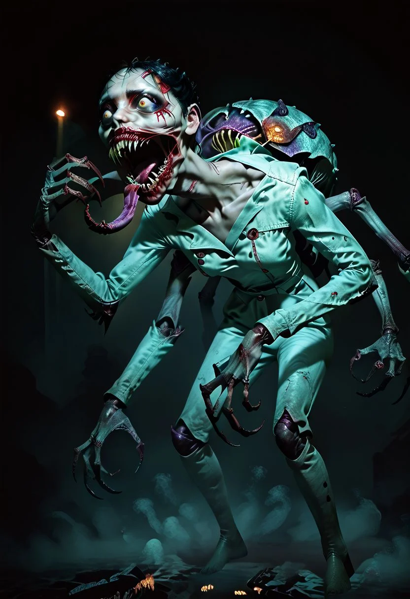 (score_9,score_8_up,score_7_up,), a scary porcelain doll woman, kuchisakexl, slender body, black eyes, ominous, sinister, sharp_teeth, screaming, long_tongue, arthropod limbs, exposed bone, tentacles, entrails, deformed, monster, bleeding, nausea, mucus, gore, (in a misty park:1.1), glowing yellow eyes in background, flash photography in the dark, cursed photo, disney style, 43stl1ght1ng, low light, dramatic lighting, darkness, full body portrait, detailed background, face focus, concept art, realistic, dark theme, low light,
