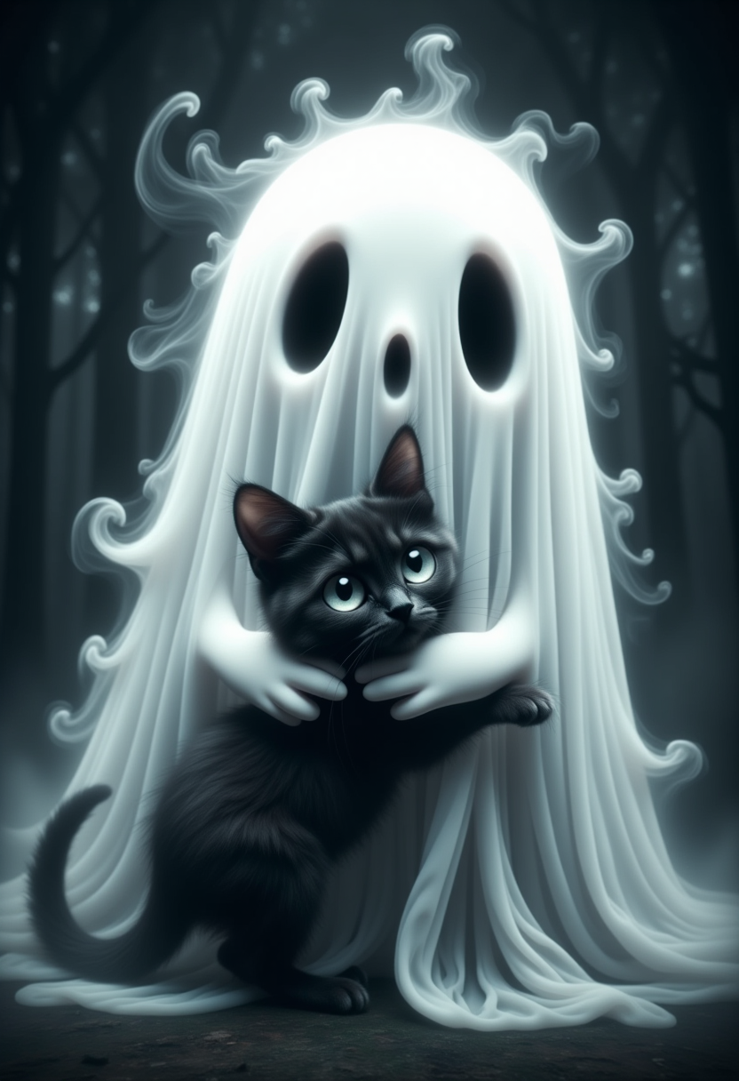 GhostlyStyle, an adorable chubby friendly ghost, hugging a little black zombie kitten, digital art, super chubby cute