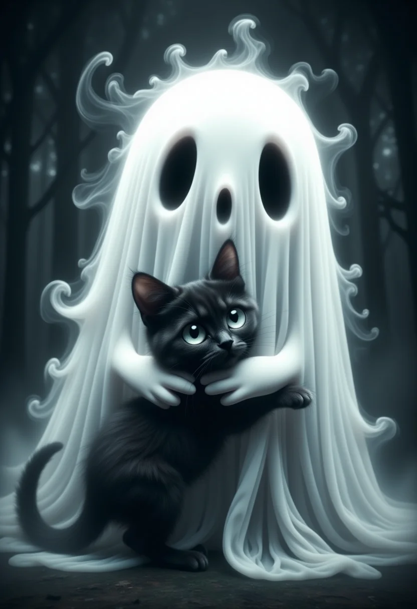 GhostlyStyle, an adorable chubby friendly ghost, hugging a little black zombie kitten, digital art, super chubby cute