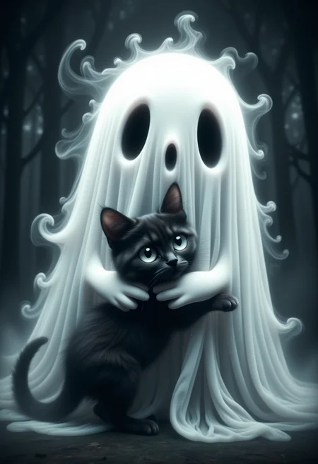 GhostlyStyle, an adorable chubby friendly ghost, hugging a little black zombie kitten, digital art, super chubby cute