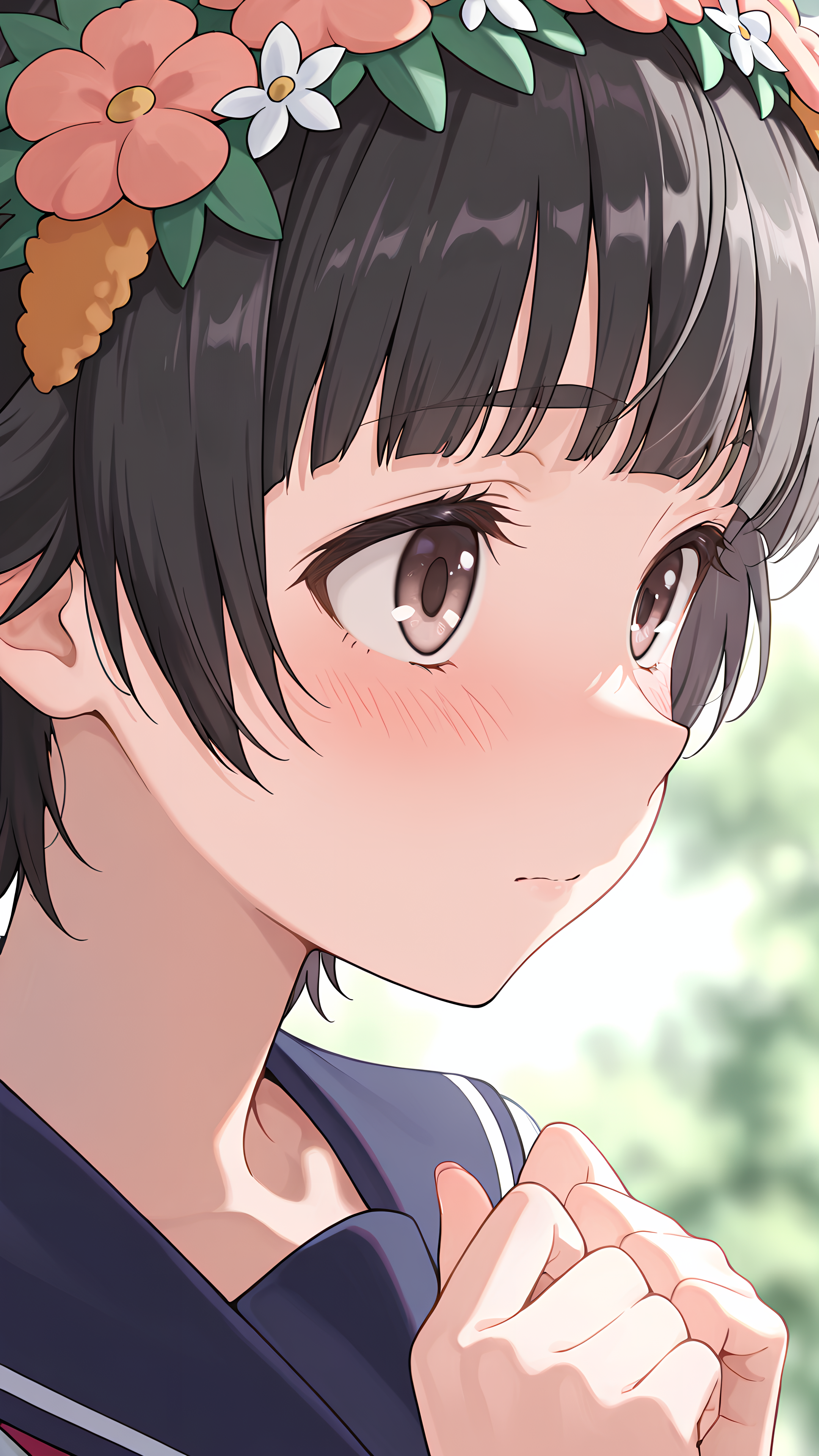 masterpiece, best quality, absurdres, highres, detailed eyes, detailed background, perfect eyes,uiharu kazari,1girl,solo,school uniform,standing,shy,face focus,from side,outside,close up, <lora:Uiharu Kazari:0.65> u1haru_kazar1,head wreath,hair ornament,uiharu kazari, hair flower,black hair, short hair