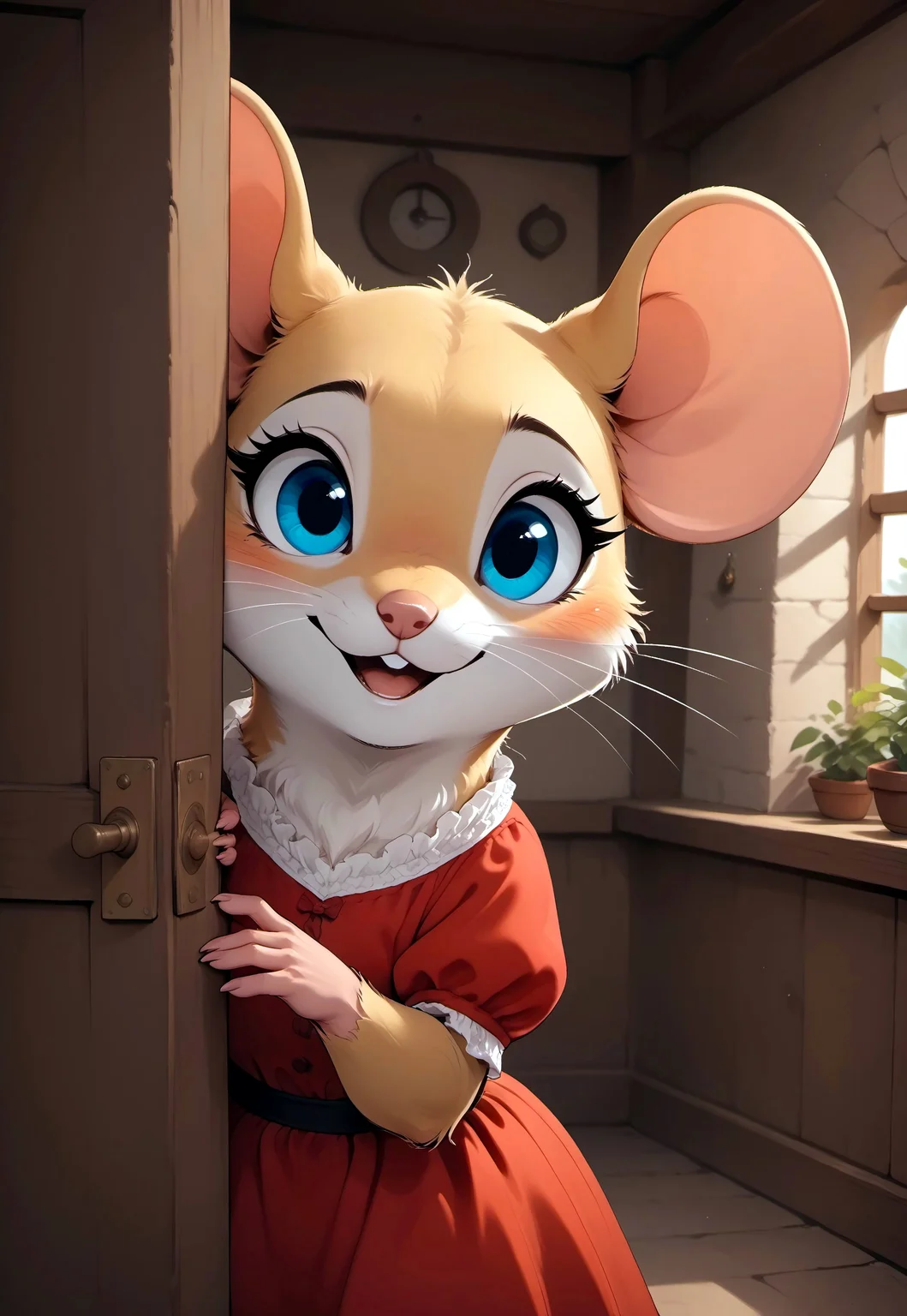 score_9, score_8_up, score_7_up, score_6_up, score_5_up, score_4_up, 

[][][][],

(solo), m0use_goldie, peeking out upper body, red dress,

[][][][],

(cute, feral:1.5), nervous expression, look at viewer, (open mouth:0.7),

[][][][],

doorway, cottage, rustic, cozy, indoors, high angle view,