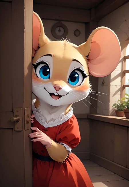 score_9, score_8_up, score_7_up, score_6_up, score_5_up, score_4_up, 

[][][][],

(solo), m0use_goldie, peeking out upper body, red dress,

[][][][],

(cute, feral:1.5), nervous expression, look at viewer, (open mouth:0.7),

[][][][],

doorway, cottage, rustic, cozy, indoors, high angle view,