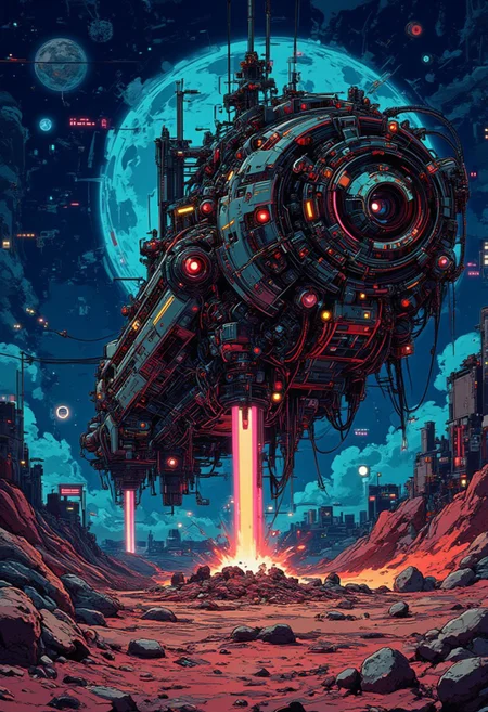 A colossal space mining ship hovering next to a massive asteroid. The ship is equipped with industrial laser cutters glowing with vibrant blue light as they carve through the rock surface to extract valuable minerals. Bright sparks and molten debris scatter in zero gravity. The ship has intricate mechanical details, greebled textures, and large rotating arms. The asteroid's surface features jagged craters and glowing mineral veins. The background is filled with a starry cosmic expanse and a nearby nebula. Realistic, high-detail rendering with cinematic lighting and reflections. ultra-sharp, DB4RZ, DB4RZ style painting, in the style of cksc, anime, cyberpunk