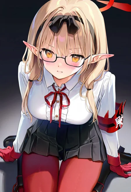 Masterpiece, best quality, 1girl, momoko, mignon, cowboy shot, chinatsu \(blue archive\), shoulder-length blonde hair, pigtails, red bands, black ribbon hairband, elven ears, amber eyes, ultra detailed eyes, black framed glasses, halo, embarrassing face, blush, white collared shirt, white collared shirt with middle pleated decors, red string tie, red military armband on left sleeve, black skirt, red pantyhose, black boots, red gloves, bewitching thighs, thigh gap, dark background, desperate, kneeling, arms at sides, focus hips, from below