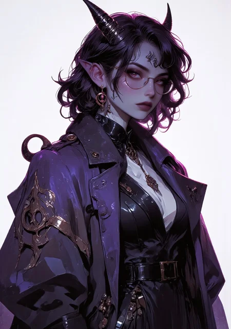 A female Tiefling with purple skin, red eyes, dark hair, pointed ears, and crimson tipped black horns. She wears a heavy purple and black robes like a trenchcoat, glasses, a suit, and teardrop earrings shaped like crescent moons. mythp0rt, An1meL1nes, Anime art, Legenddarkfantasy mode, animeniji