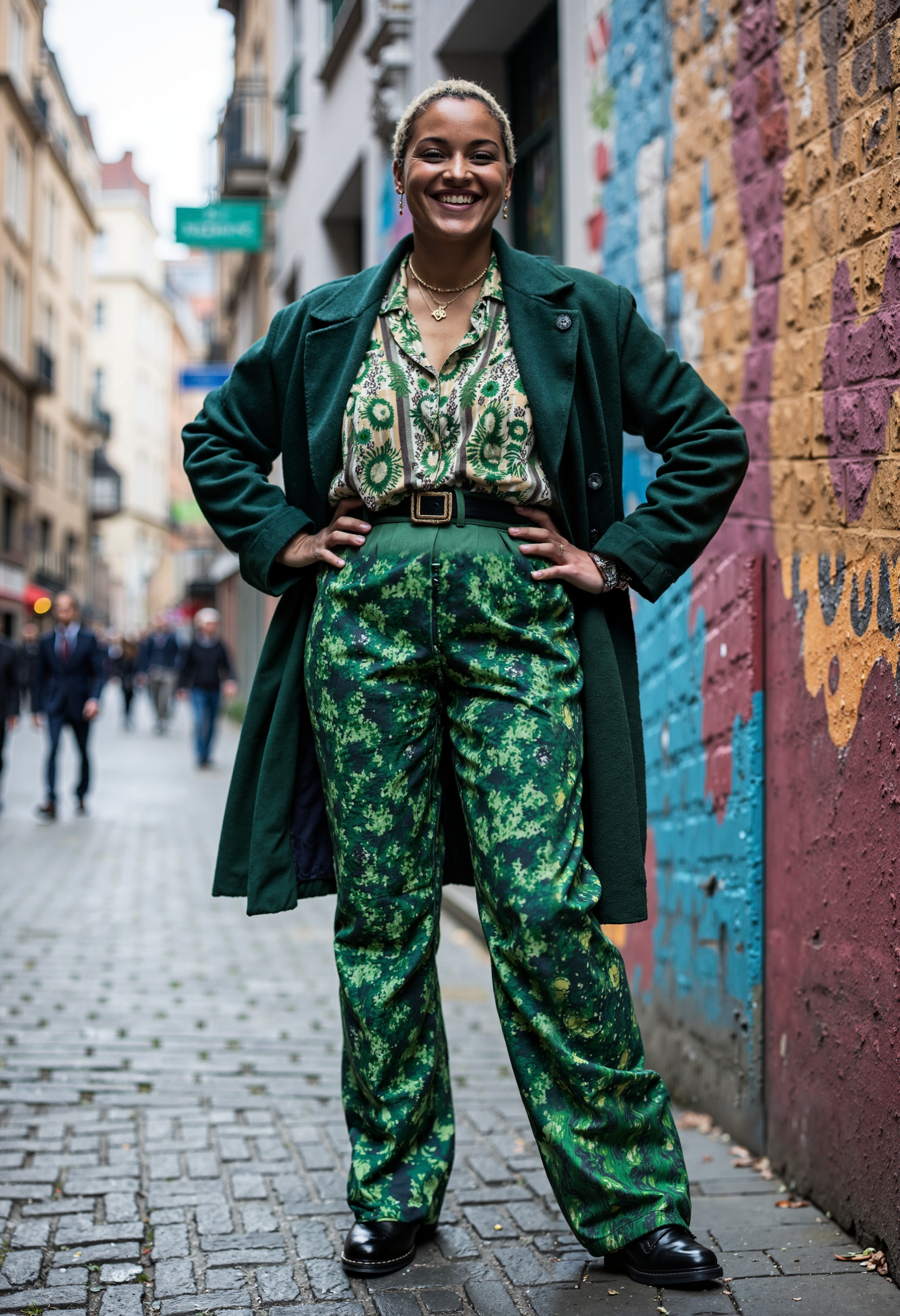 A photorealistic, full-body portrait of Ailine Cybelle, a 40-year-old woman standing confidently with her hands on her hips, smiling warmly, dressed in a chic urban outfit featuring trendy, colorful patterns in a variety of greens. Her look is casual yet sophisticated, combining a stylish green coat, a patterned blouse, and high-waist trousers that emphasize inclusivity and body positivity. She stands on a narrow cobblestone street, with a vibrant, textured wall in the background, adding depth and an artistic edge. The atmosphere is lively, with a fashionable yet approachable city vibe, capturing street style with an elegant twist, highlighted by the natural light of a cloudy day.