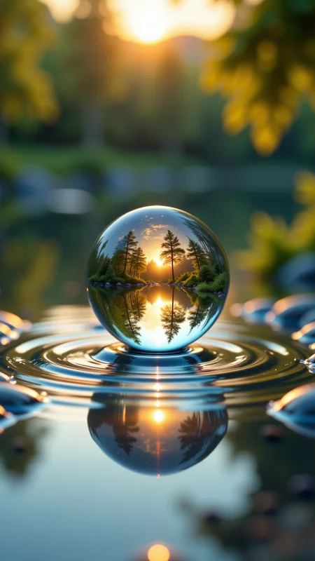 Jeddtlv3, A breathtaking close-up of a single water droplet delicately resting on a smooth surface, capturing a crystal-clear reflection within. The droplet acts as a tiny lens, revealing an inverted image of a serene landscapeâlush green trees, a golden sunset, and a calm lake. The droplet glistens under soft natural light, with tiny ripples surrounding it. The background is blurred with warm, dreamy bokeh, enhancing the droplet's clarity and the beauty of its reflection, <lora:Flux_Detailer_v3-000007:1> ,