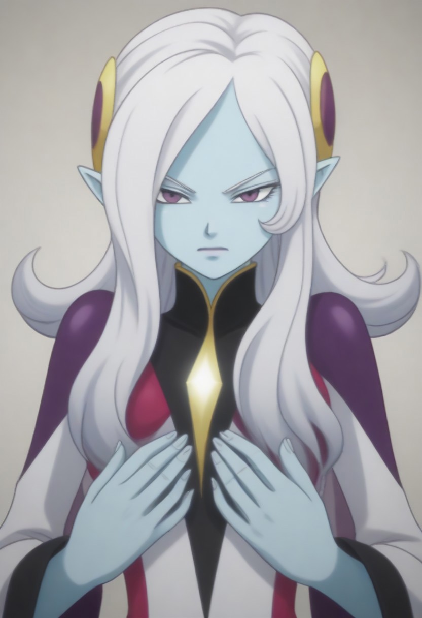 Masterpiece, Top Quality, source_anime, anime screencap, source_anime, auratheguillotine, anime screencap, masterpiece, source_anime, shiny skin,,,,towa(dragon ball), pointy ears, colored skin, blue skin, long hair, purple eyes,white hair, hair ornament, jewelry,