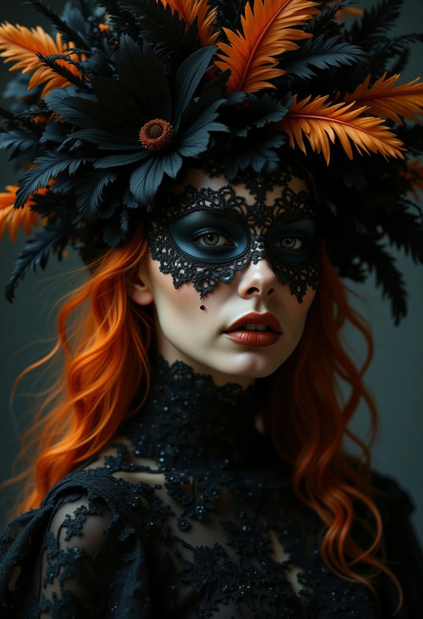 A striking fashion photograph of a woman with fiery orange hair wearing an elaborate headdress and mask crafted from black and burnt orange feathers, and intricate lacework. The image exudes a mood of mysterious elegance and dark fantasy. The rich, saturated colors of blacks and oranges contrast dramatically, with the lighting highlighting the texture of the feathers and lace. The shallow depth of field blurs the background, while the high resolution captures the fine details of this opulent and slightly gothic conceptual art piece.