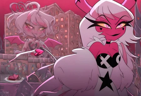 heart floating, heart-shaped pupils, aroused, heart eyes, cupid arrow, Valentine's day themed, Verosika, Succubus, Pink Skin