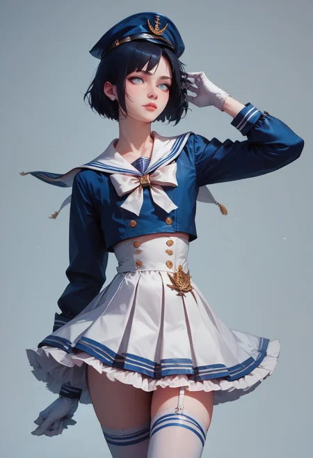 score_9, score_8_up, score_7_up, 1boy, femboy, otoko no ko, short hair, bob cut hair, black hair, grey eyes, gray eyes, feminine face, toned body, Shelly, Jed-Salr, Navy Blue Mini Dress, White Trim, White Sailor Collar, Nautical Stripes, White Thigh-High Stockings, Sailor Hat, White Gloves, Sailor Cuffs, White Petticoat, highly detailed, intricate, zzCitronCAT, pose, modelshoot, solo