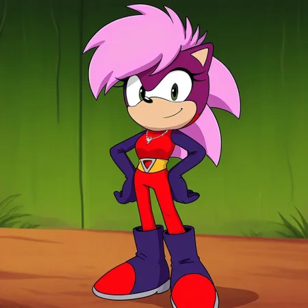 1girl, solo, sonic (series), onmodelblobian, Sonia_the_hedgehog, pink hair, red outfit with high collar, purple long sleeves, lightning bolt necklace, yellow belt with central gem, red leggings with purple accents, dark purple boots, standing, smiling, looking at viewer, hands on hip