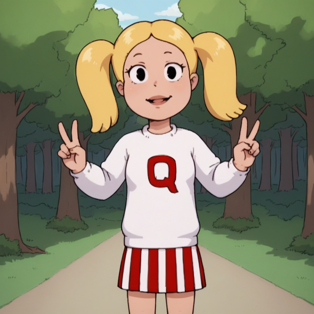 score_9_up, score_8_up, BREAK, UnnamedGirl, 1girl, solo, blonde hair, twintails, black eyes, shirt, long sleeves, vertical stripes, striped skirt, cowboy shot, forest,  <lora:UnnamedBlondeTwintailsGirl_FamilyGuy_PXL_Leaf1:0.9>, looking at viewer, double v,