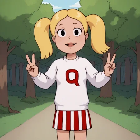 score_9_up, score_8_up, BREAK, UnnamedGirl, 1girl, solo, blonde hair, twintails, black eyes, shirt, long sleeves, vertical stripes, striped skirt, cowboy shot, forest, <lora:UnnamedBlondeTwintailsGirl_FamilyGuy_PXL_Leaf1:0.9>, looking at viewer, double v,