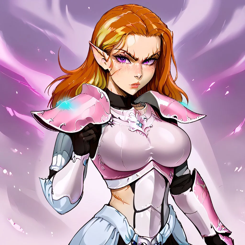 A highly detail character portrait, of a young woman, with long two tone hair, dark green and yellow hair, long pointed ears, huge heavy breasts, glowing purple eyes, wearing pink armor, scar face, facial scars, deep scars, strong, beautiful face, Japanese face, freckles, fit, looking at viewer, dynamic pose