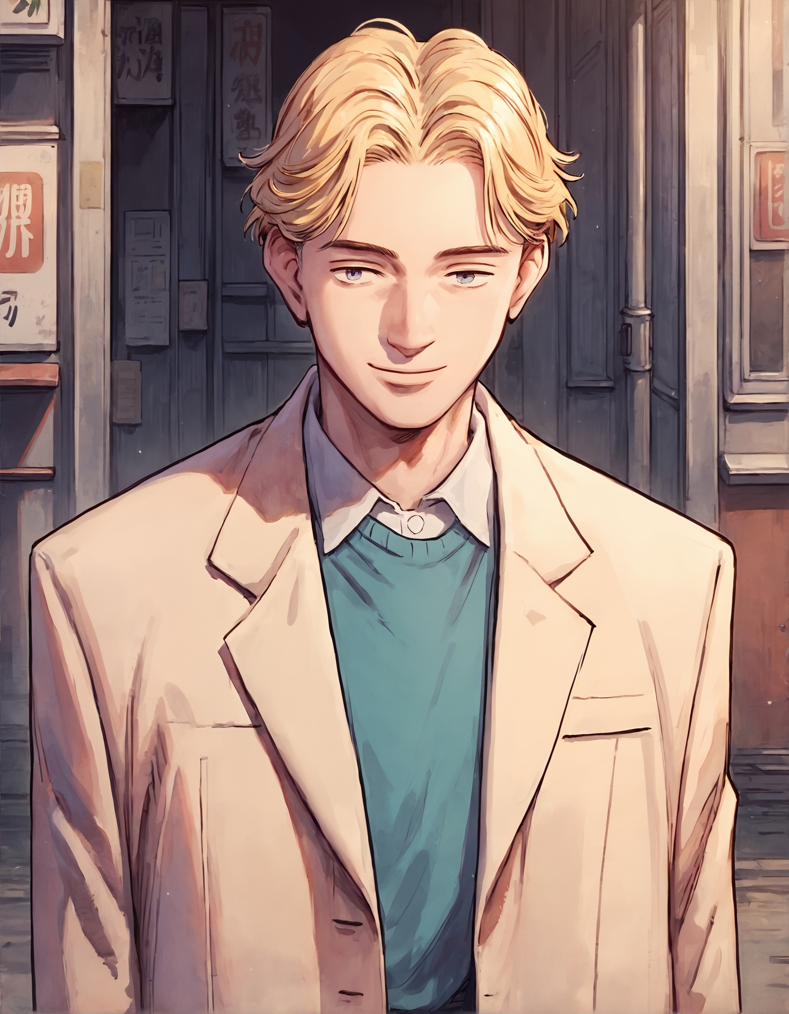score_9, score_8_up, score_7_up,score_6_up,high resolution,upper body,johan,1boy,solo,blonde hair,short hair,jacket,suit,sweater,slight smile,street