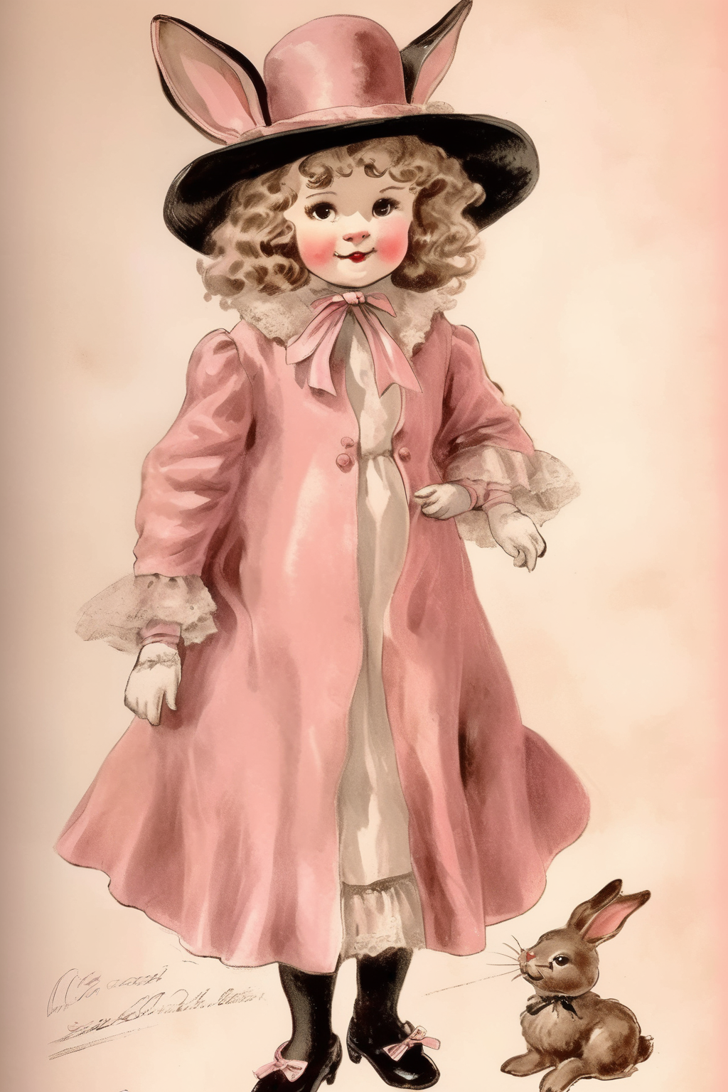<lora:Randolph Caldecott Style:1>Randolph Caldecott Style - Costume sketch. Bunny girl. Girl 5 years old. Pretty, curly hair. Long silk dress, lace petticoat, velvet jacket, jabot collar. Hat with ears. patent leather shoes. Dusted tones - pink and beige. Retro. Vintage. Early 20th century.
