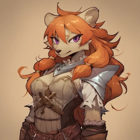 <lora:Sepiruth_Style_PonyXL:0.8> by sepiruth, sepiruth,  score_9, score_8_up, score_7_up, score_6_up, score_5_up, score_4_up, source_furry, rating_safe, black bear, orange hair, violet eyes, tan body, clothed, clothing, detailed background, in a labyrinth, leaning back, female, breasts, rating_safe,