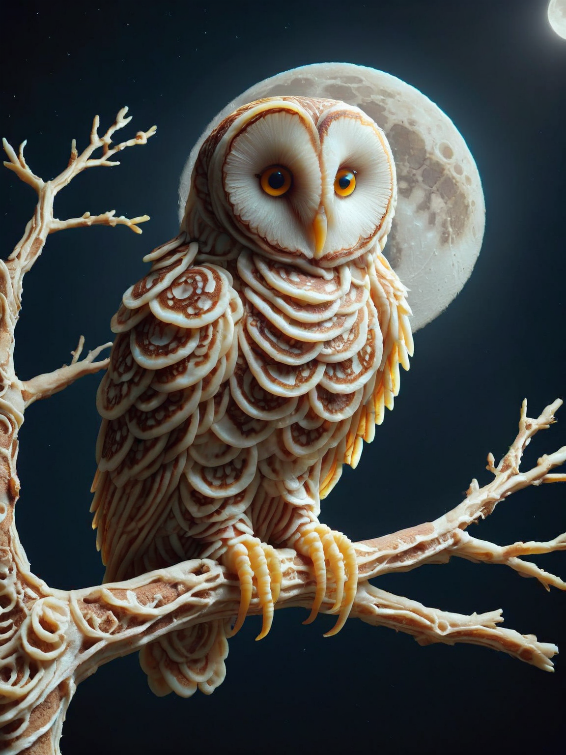 A mysterious ais-pncks owl perched on a gnarled tree branch under a full moon <lora:ais-pncks-sdxl:1>