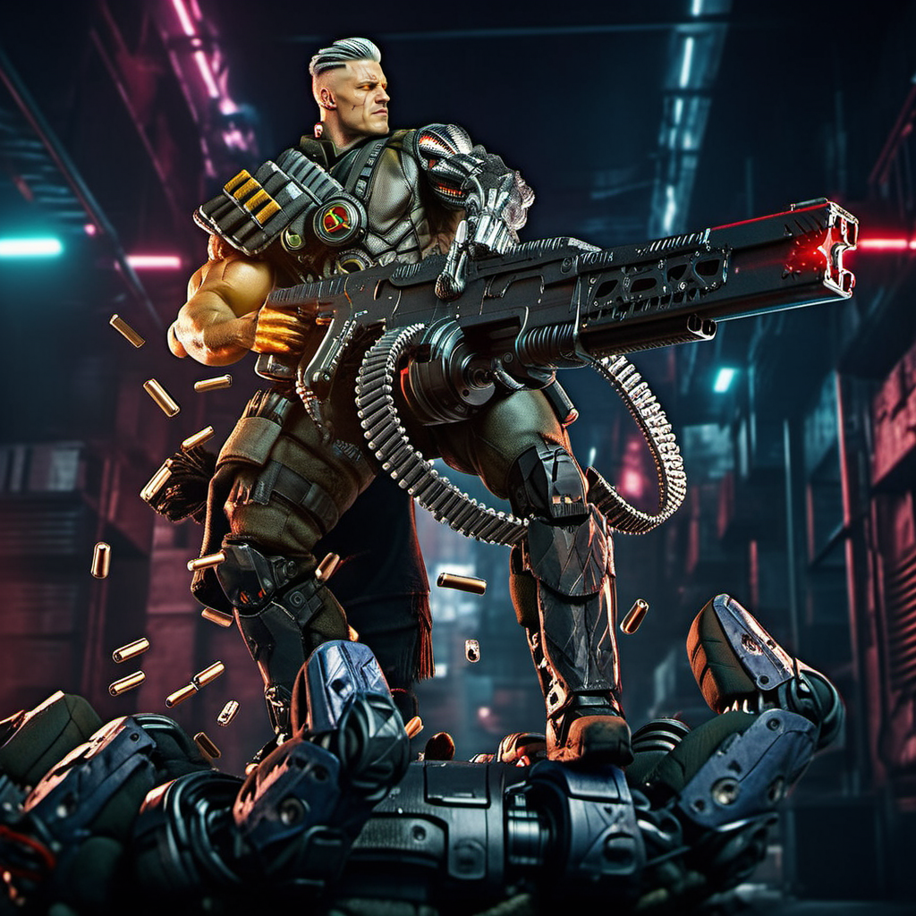 Cable1024, a man with a robotic arm, full body, shooting a machinegun, rage, powerfull, cyberpunk background, highly detailed, photography, ultra sharp, film, bokeh, professional, 64k   <lora:Cable1024:0.8>
