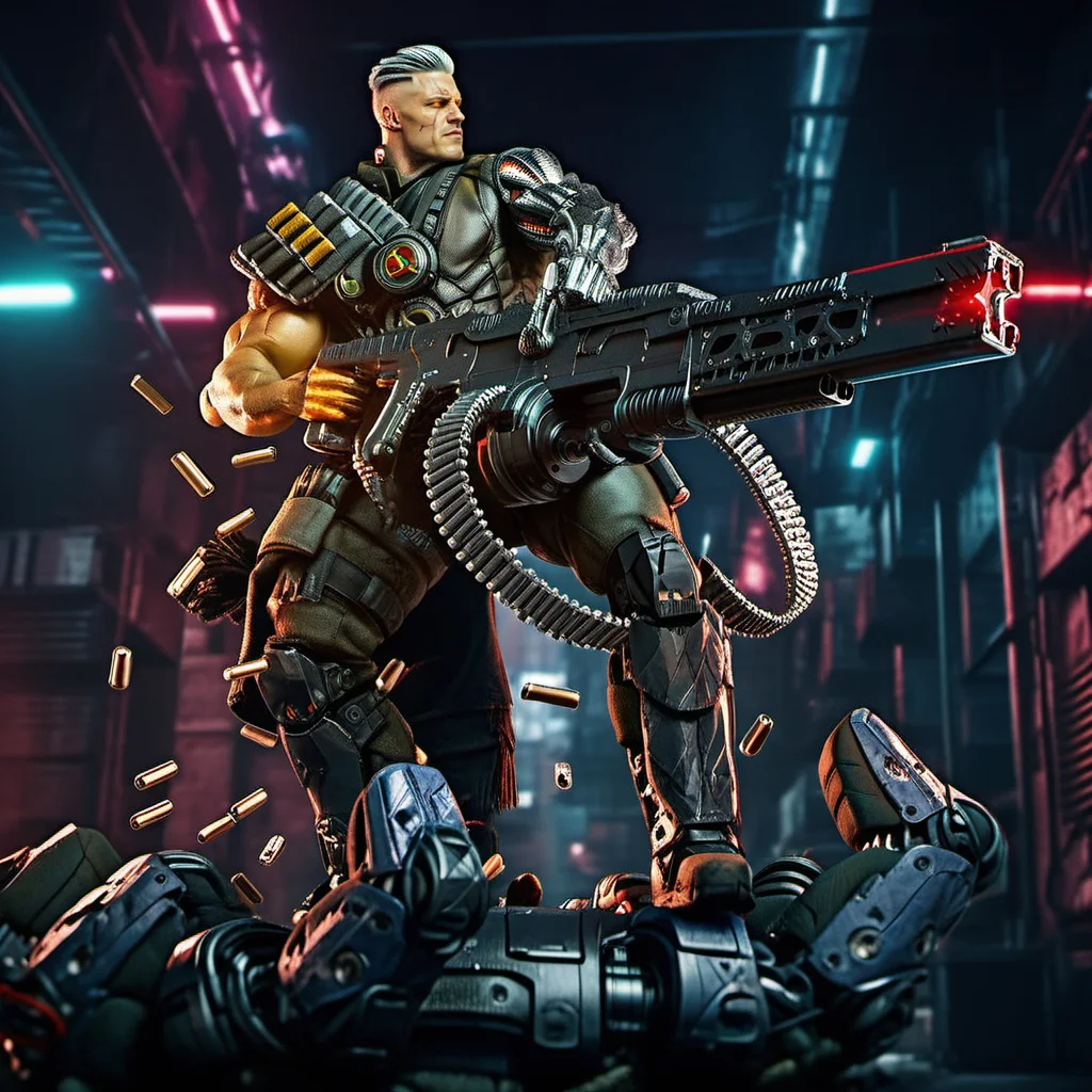 Cable1024, a man with a robotic arm, full body, shooting a machinegun, rage, powerfull, cyberpunk background, highly detailed, photography, ultra sharp, film, bokeh, professional, 64k <lora:Cable1024:0.8>