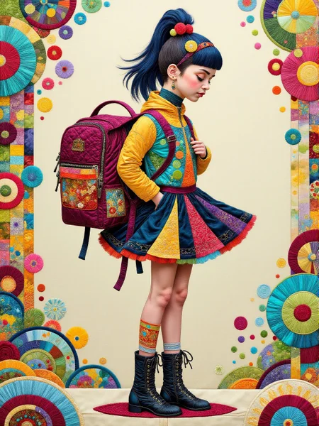 punk ballerina wearing a backpack <lora:midjourney_whisper_chromaplex_v1:0.9> <lora:Embroidered_Quilting_Flux:0.9>