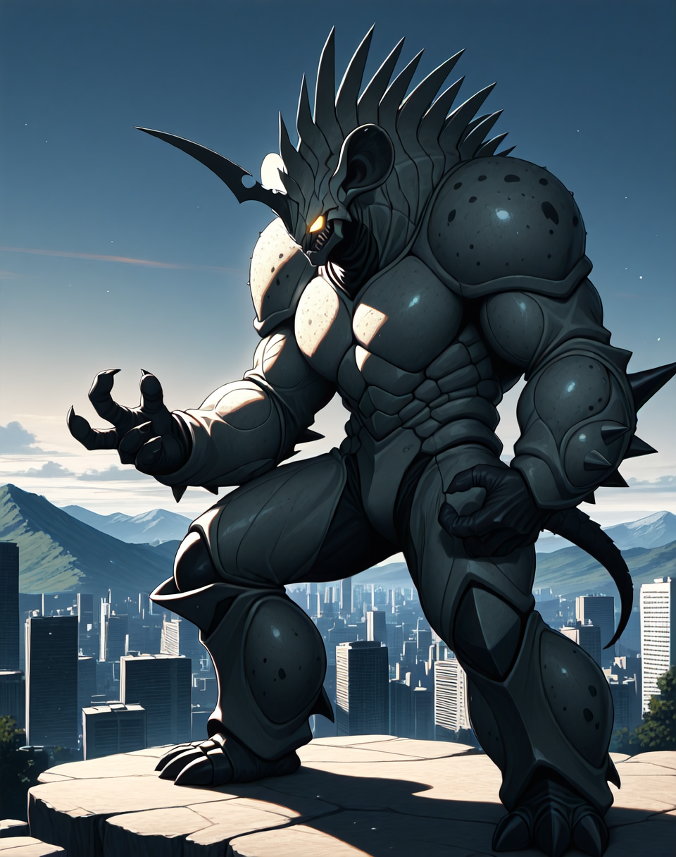 score_9, score_8_up, score_7_up,
<lora:Hyper_Zoanoid_(Guyver)_(Illustrious)_(AD):1.35> Hyper Zoanoid, Guyver, monster, 
exterior, science fiction, mountains, city skyline, sky with anime clouds,
cowboy shot, bent knee, dynamic action, 
colored body, glowing eyes, dominating, powerful, solo, stocky, bulky, thick armored hide, hyper muscular, hyena, 
BREAK Smooth Quality, IllusP0s, lazyhand, lazympos, lazynsfw,