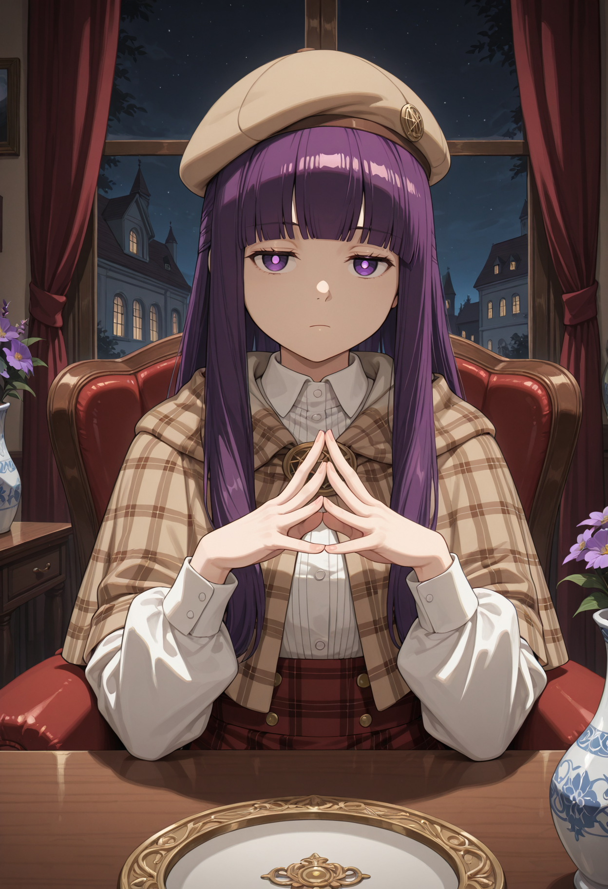 masterpiece, best quality, highres, absurdres, very awa, 1girl, solo, purple hair, long hair, blunt bangs, detective, plaid clothes, capelet, collared shirt, high-waist skirt, long sleeves, plaid capelet, plaid skirt, puffy sleeves, beret, indoors, armchair, mansion, vase, upper body, purple eyes, bright pupils, window, curtains, pov across table, night, night sky, looking at viewer, steepled fingers, own hands together, hands up, bored, jitome, closed mouth