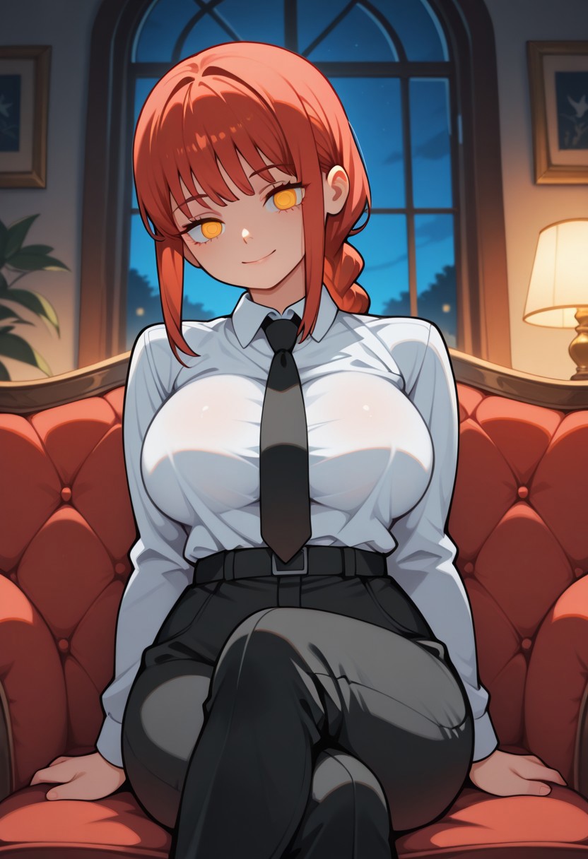 1girl, perfect eyes, absurdres, ambient occlusion, depth of field, intricate background, ethereal glow, ghelber-bari, high quality, 4k, masterpiece, indoors, makima_(chainsaw_man), red hair, yellow eyes white shirt, black pants, crossed legs, large breast, big_breast, big_booty, cute, empty eyes, perfect_face, perfect_body, sitting, bright eyes, saying goodbye, looking at viewer, confident smile, night