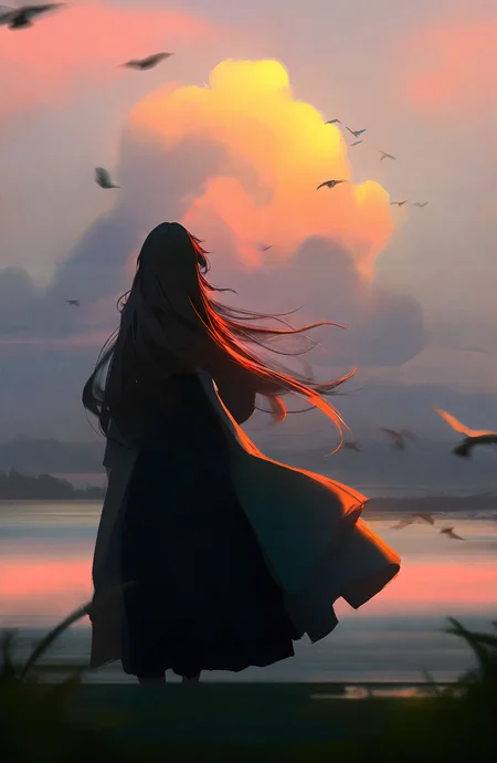 1girl, long_hair, black_hair, standing, outdoors, blurry, bird, long_skirt
