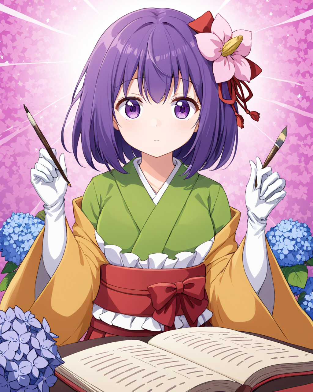 hieda no akyuu,1girl, solo, hair_flower, kimono, white_gloves, open_book, looking_at_viewer, floral_print, hakama_skirt, floral_background, long_sleeves, wide_sleeves, pen, paintbrush, hydrangea
<lora:hieda_no_akyuu_image926_2023-12-20:1>,star-shaped_pupils,symbol-shaped_pupils,. gorgeous,key visual, vibrant, studio anime,award-winning, professional, highly detailed,high budget, cinemascope