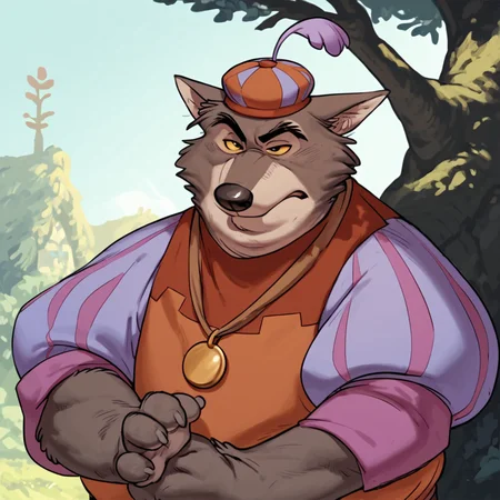 core_9, score_8_up, score_7_up, score_6_up, score_5_up, masterpiece, furry, by meesh, meesh, disney style,
sheriff of nottingham, striped cap with purple feather, (sheriff tunic with long puffy purple sleeves:1.2), necklace with golden medallion, solo, male, wolf, yellow sclera, morbidly obese, narrowed eyes, 4 fingers, (headshot portrait), solo, annoyed face, half-length portrait,
<lora:Expressive_H:1> <lora:Sheriff of Nottingham - Pony XL:0.8> <lora:Meesh_Style_B:1>