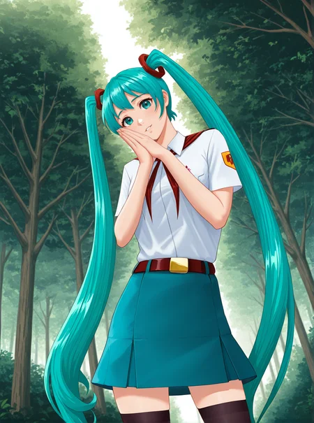 1girl, solo,, miku_es, aqua hair, aqua eyes, twintails, 1girl, solo, looking at viewer, forest backgound, hand to own cheek, palms together, white collared shirt, low angle, red neckerchief, from below, dutch angle, dynamic angle, cowboy shot, blue skirt, belt, thighhighs, (masterpiece, best quality), safe, amazing quality, very aesthetic, absurdres, highres, newest, , <lora:Miku_ES_IL_v1:1>