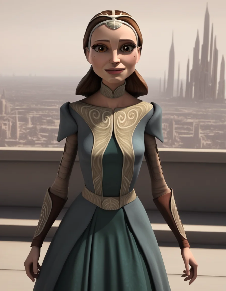 score_9, score_8_up, score_7_up, source_anime,
<lora:clonewars-padme-amidala-s3-ponyxl-lora-nochekaiser:1>, padme amidala, brown hair, brown eyes, realistic, mole, mole under eye, long hair, lips, 3d,
dress, tiara, wavy air, green dress, collarbone, breast, skirt, long skirt, green skirt,
outdoors, smile,
looking at viewer, cowboy shot, dutch angle, solo,