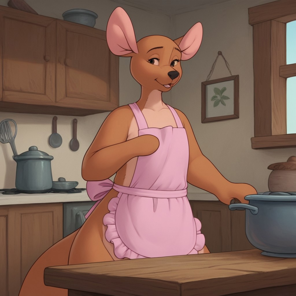 score_9, score_8_up, score_7_up, score_6_up, score_5_up, score_4_up source_furry, WtPKangav2, semi-anthro, female, kangaroo, brown fur, inside, pink apron, frilly apron